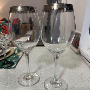 Silver Greek Key Accented Crystal Glasses $195 Retail